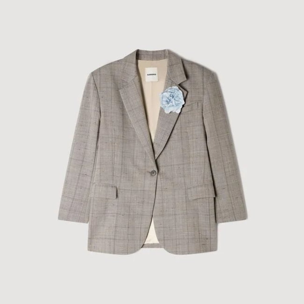 Sandro Paris Greige Layden Blazer with Flower Brooch E26LAYDEN Size 38 NEW